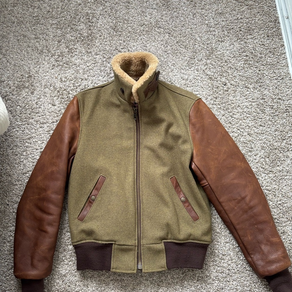 Green and Brown Bomber Jacket with Ribbed Details
